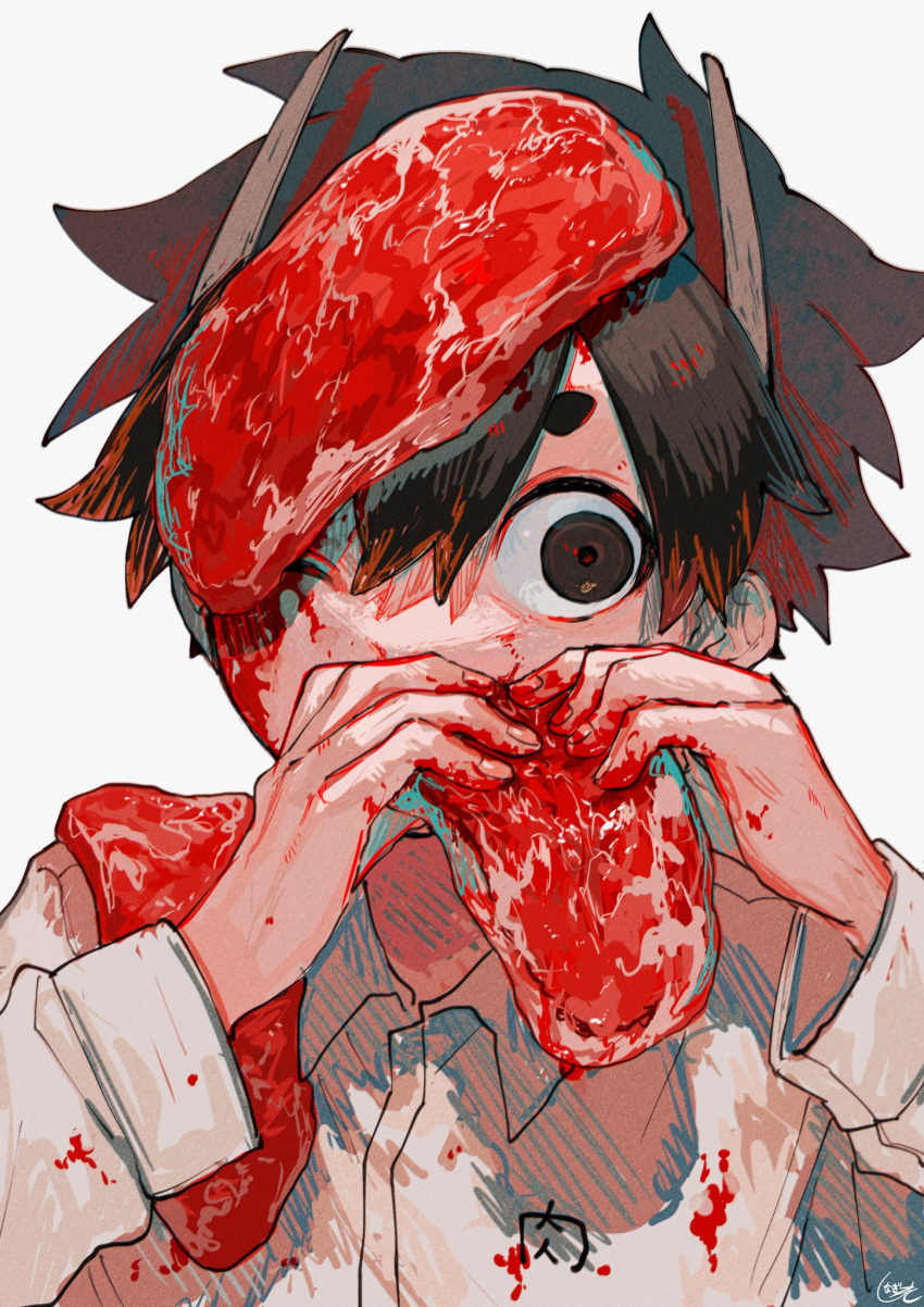 1boy, blood, blood_in_hair, blood_on_clothes, blood_on_face, blood_on_hands, brown_eyes, brown_hair