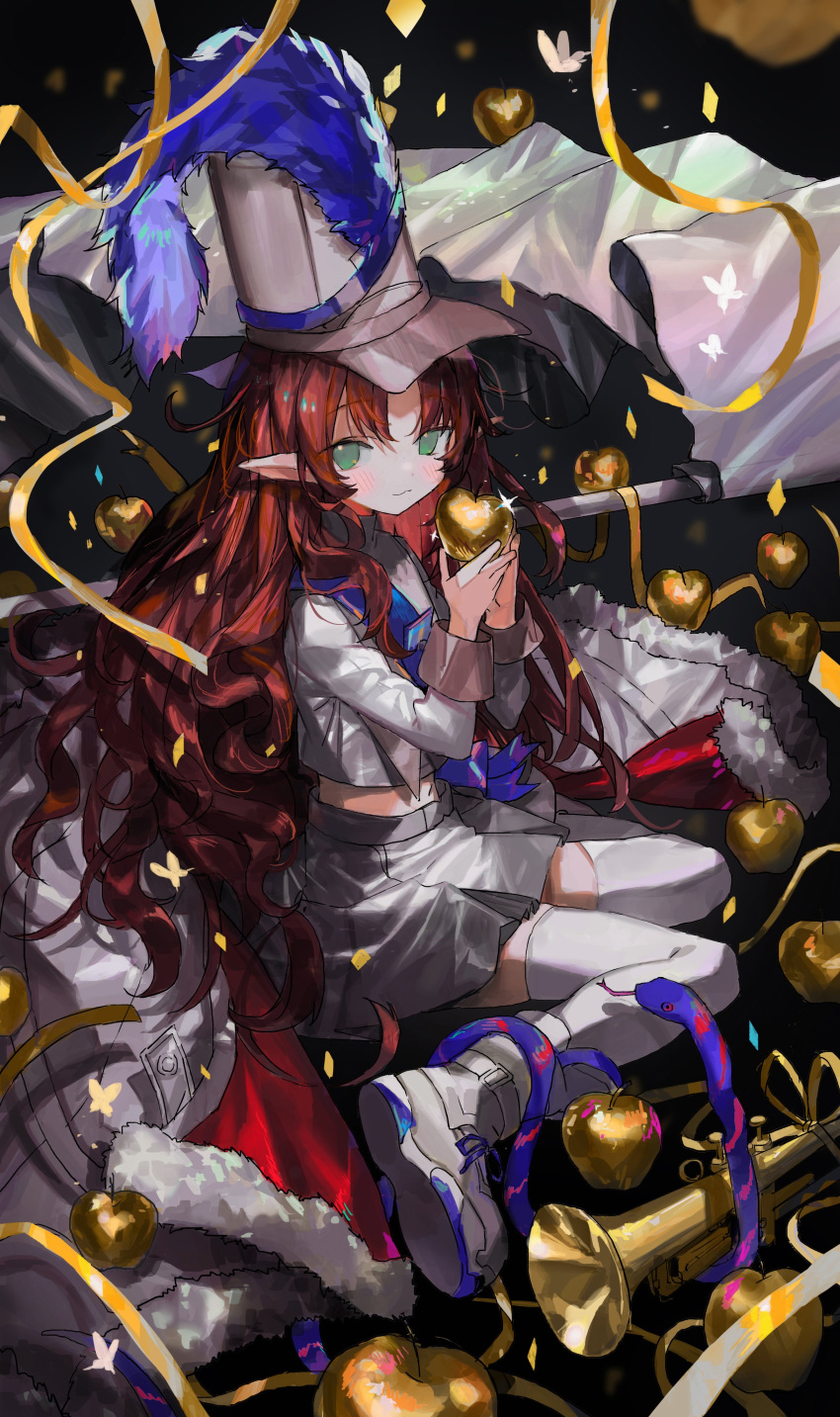 1girl, absurdres, ankle_boots, apple, arknights, bangs, black_background, blush