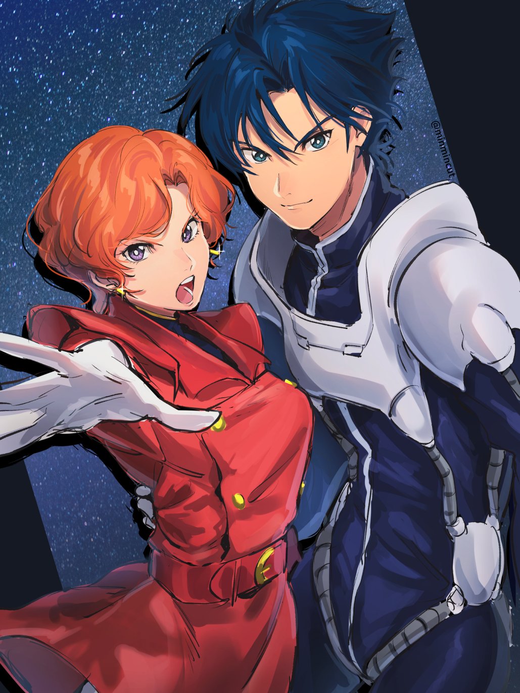 1boy, 1girl, belt, berah_ronah, blue_eyes, blue_hair, chanmura, crossbone_gundam, from_side, gloves, gundam, hand_on_another's_waist, highres, jacket, kincade_nau, orange_hair, pilot_suit, red_belt, red_jacket, short_hair, smile, space, v-shaped_eyebrows, violet_eyes, white_gloves