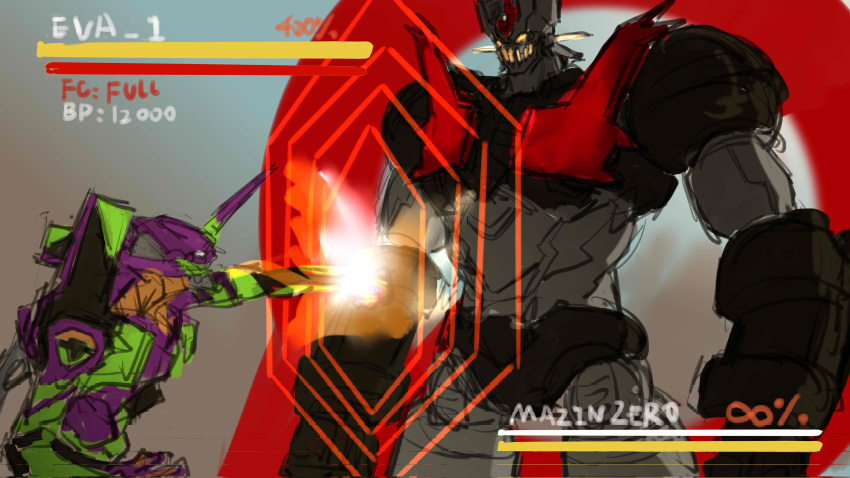 absurdres, at_field, clenched_hands, crossover, english_commentary, eva_01, glowing, glowing_eyes