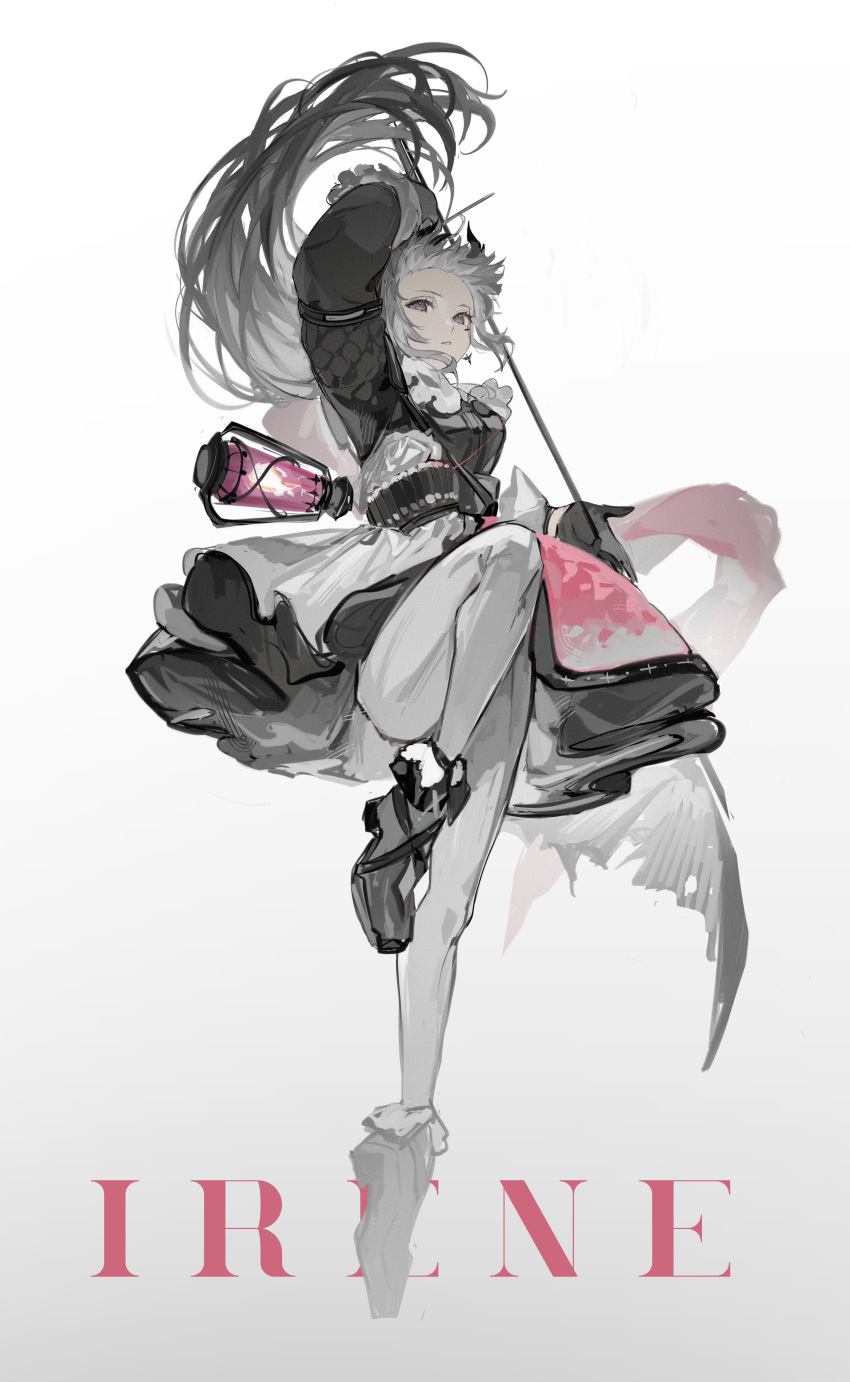 1girl, absurdres, ankle_boots, arknights, arm_up, belt, black_eyes, black_footwear