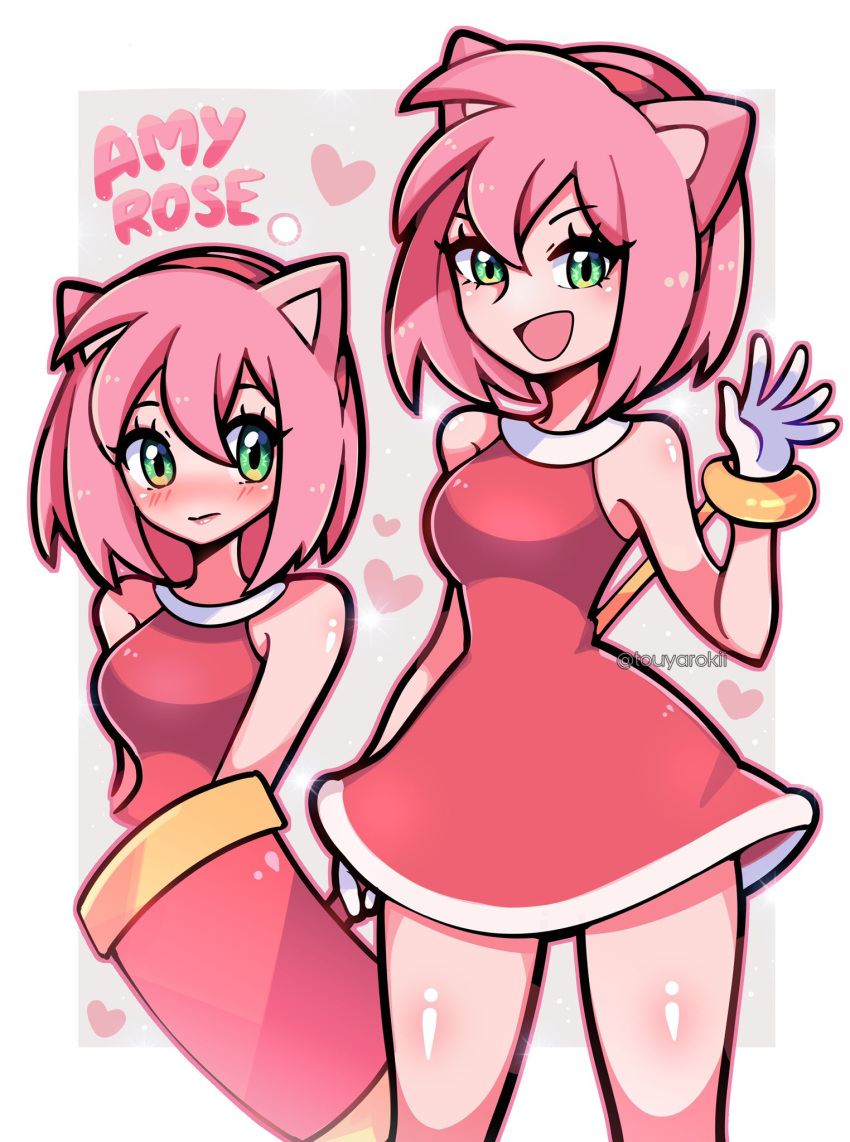 1girl, amy_rose, animal_ears, bangs, bare_shoulders, blush, border, breasts