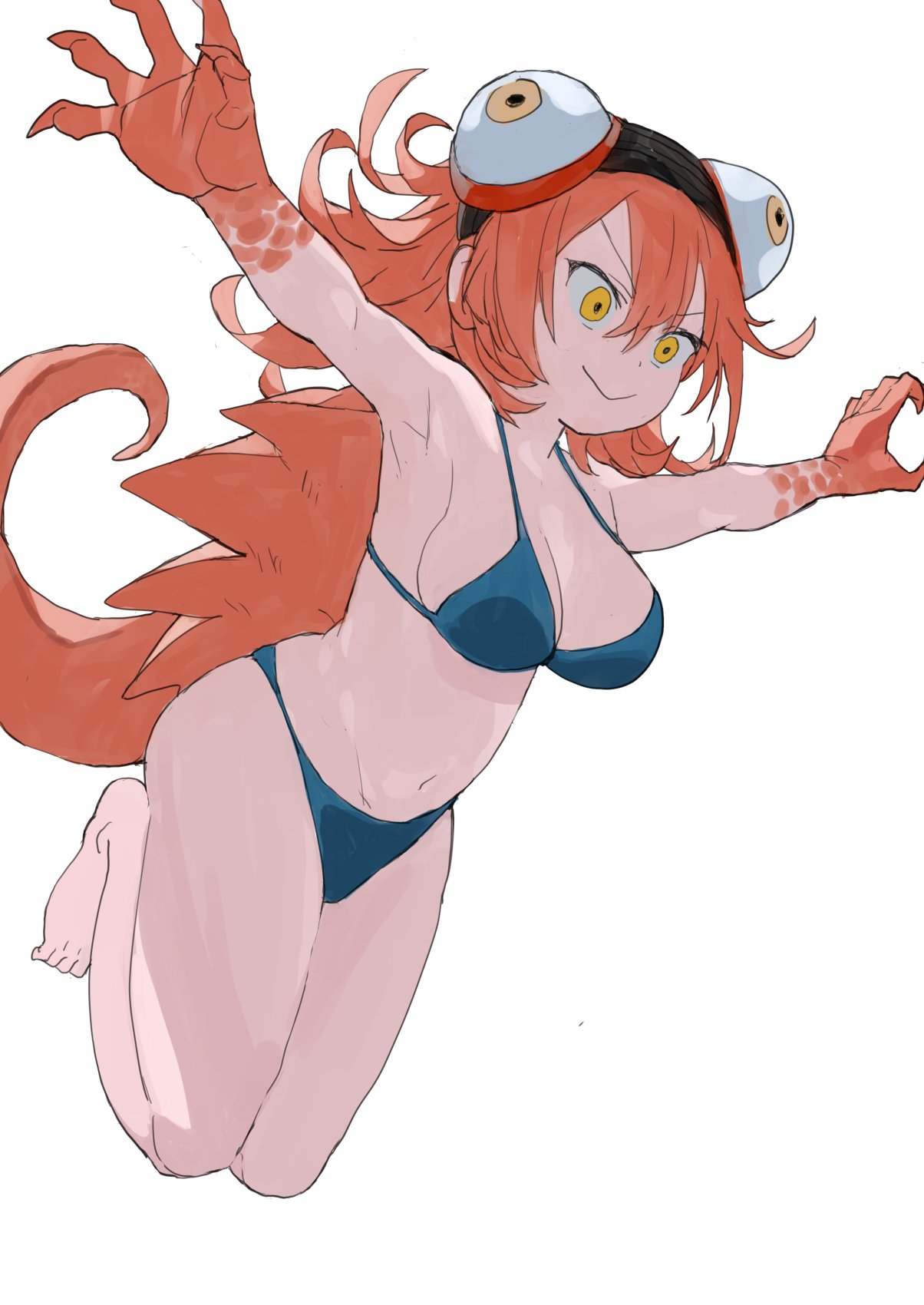 1girl, :>, bikini, blue_bikini, colored_skin, fingernails, floating, full_body, goggles, goggles_on_head, hair_between_eyes, headband, highres, jumping, lizard_tail, medium_hair, monster_girl, multicolored_skin, okbnkn, orange_hair, orange_scales, orange_skin, original, outstretched_arms, reptile_girl, scales, sharp_fingernails, shell, simple_background, solo, spiked_shell, swimsuit, tail, white_background, yellow_eyes