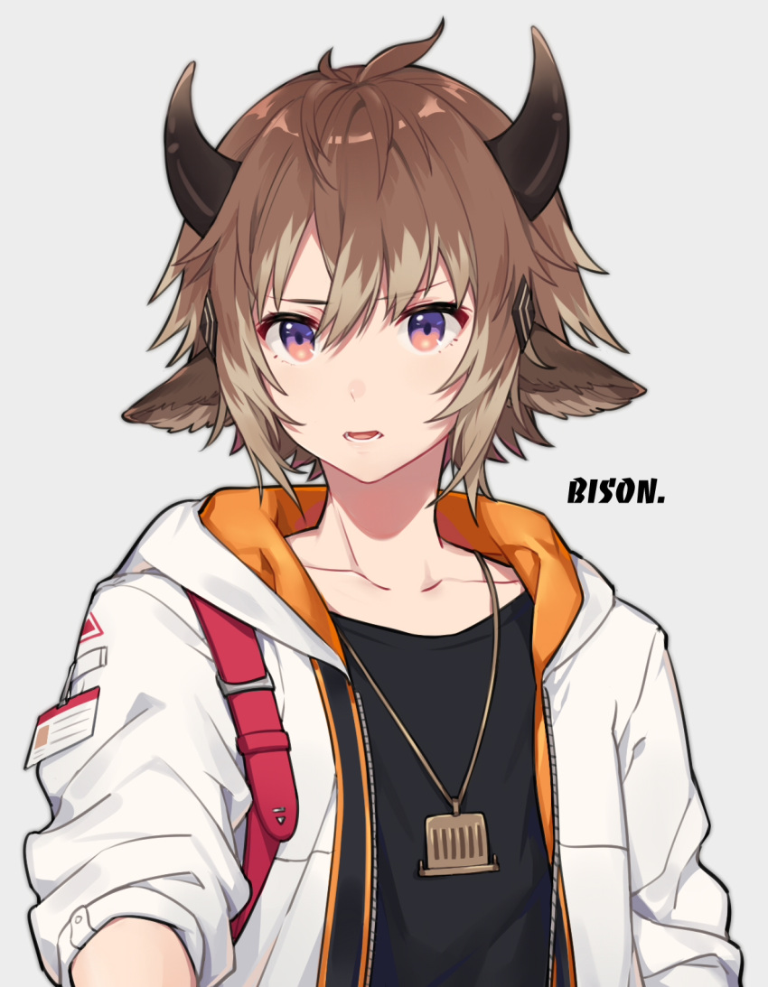 1boy, ahoge, anchun_(quail0503), animal_ears, arknights, bison_(arknights), black_shirt, brown_eyes, brown_hair, character_name, cow_boy, cow_ears, cow_horns, grey_background, hair_between_eyes, hair_ornament, highres, horns, id_card, jacket, jewelry, male_focus, necklace, open_clothes, open_jacket, parted_lips, shirt, short_hair, simple_background, sleeves_rolled_up, solo, upper_body, white_jacket