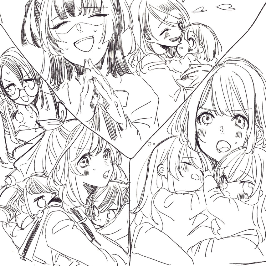 6+girls, alstroemeria_(idolmaster), baby, blush, chibi, greyscale, highres, hug