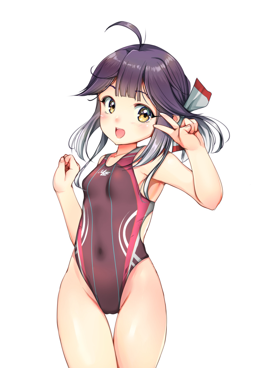 absurdres, alternate_costume, breasts, competition_swimsuit, covered_navel, cowboy_shot, grey_hair, hair_between_eyes