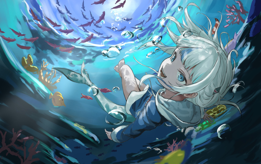1girl, absurdres, bangs, barefoot, blue_eyes, blue_hair, blue_hoodie, bubble