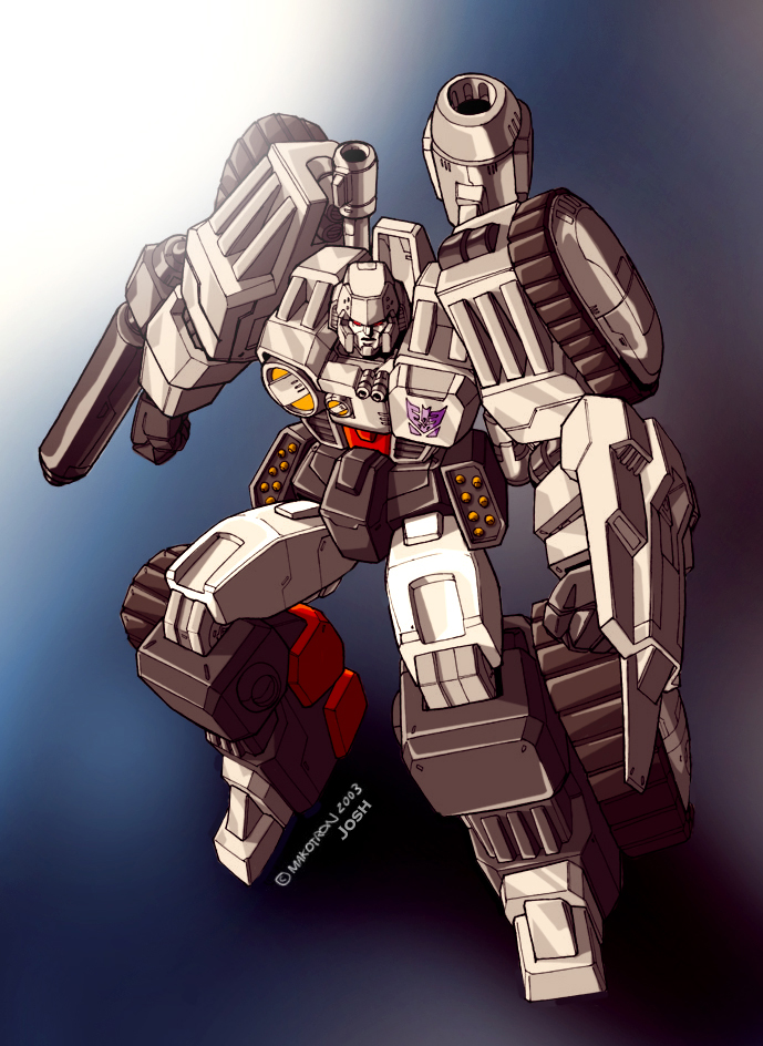 1boy, 2000s_(style), 2003, arm_blade, barrel_(weapon), cannon, commentary_request, decepticon, ground_vehicle, makoto_ono, male_focus, megatron, military, military_vehicle, missile_pod, motor_vehicle, red_eyes, retro_artstyle, science_fiction, symbol, tank, transformers, transformers:_the_war_within, turret, weapon