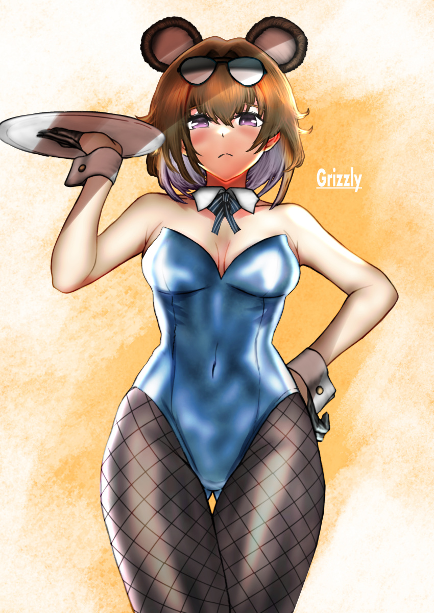 1girl, absurdres, animal_ears, ass_visible_through_thighs, bear_ears, blue_leotard, blush, breasts
