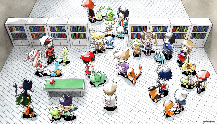 5girls, 6+boys, ahoge, arms_behind_head, backpack, backwards_hat, bag, bandana, bangs, barry_(pokemon), beanie, beret, bianca_(pokemon), bike_shorts, black_jacket, black_shirt, blonde_hair, blue_jacket, blue_oak, book, bookshelf, boots, brendan_(pokemon), brick_floor, brown_hair, bulbasaur, calem_(pokemon), charmander, cheren_(pokemon), chespin, chikorita, chimchar, clenched_hands, commentary_request, crossed_arms, fennekin, froakie, from_above, gloves, green_bag, green_headwear, grookey, hand_on_own_chin, hat, hau_(pokemon), highres, hikari_(pokemon), holding, holding_poke_ball, hop_(pokemon), hugh_(pokemon), indoors, jacket, labcoat, litten, long_sleeves, lucas_(pokemon), may_(pokemon), mudkip, multiple_boys, multiple_girls, on_head, orange_bag, oshawott, pants, pink_footwear, piplup, pleated_skirt, poke_ball, poke_ball_(basic), pokemon, pokemon_(creature), pokemon_(game), pokemon_bw, pokemon_bw2, pokemon_dppt, pokemon_gsc, pokemon_on_head, pokemon_rgby, pokemon_rse, pokemon_sm, pokemon_swsh, pokemon_xy, pokeyugami, purple_hair, purple_pants, purple_shirt, red_(pokemon), red_bandana, red_headwear, red_shirt, red_skirt, retro_artstyle, samuel_oak, scarf, serena_(pokemon), shauna_(pokemon), shirt, shoes, short_hair, short_sleeves, silver_(pokemon), skirt, snivy, spiky_hair, standing, stroking_own_chin, table, tepig, treecko, turtwig, twintails, twitter_username, white_headwear, white_skirt