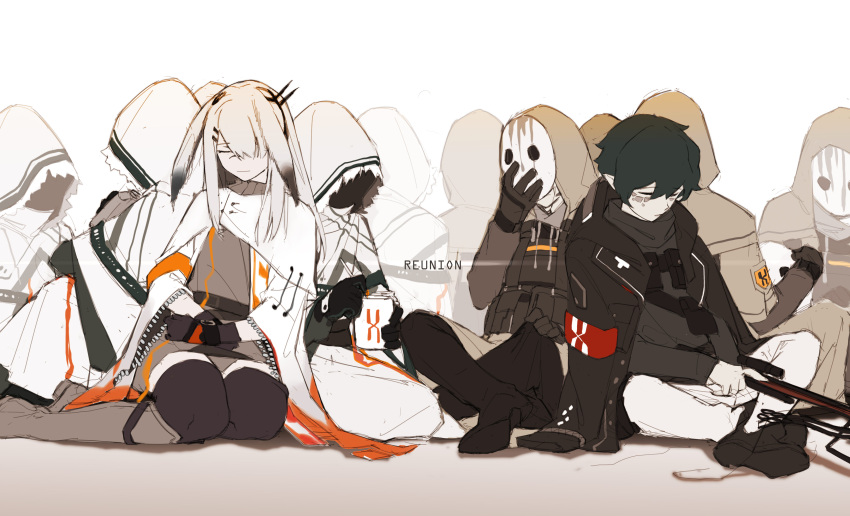 1boy, 1girl, 6+others, absurdres, ambiguous_gender, animal_ears, arknights, armband
