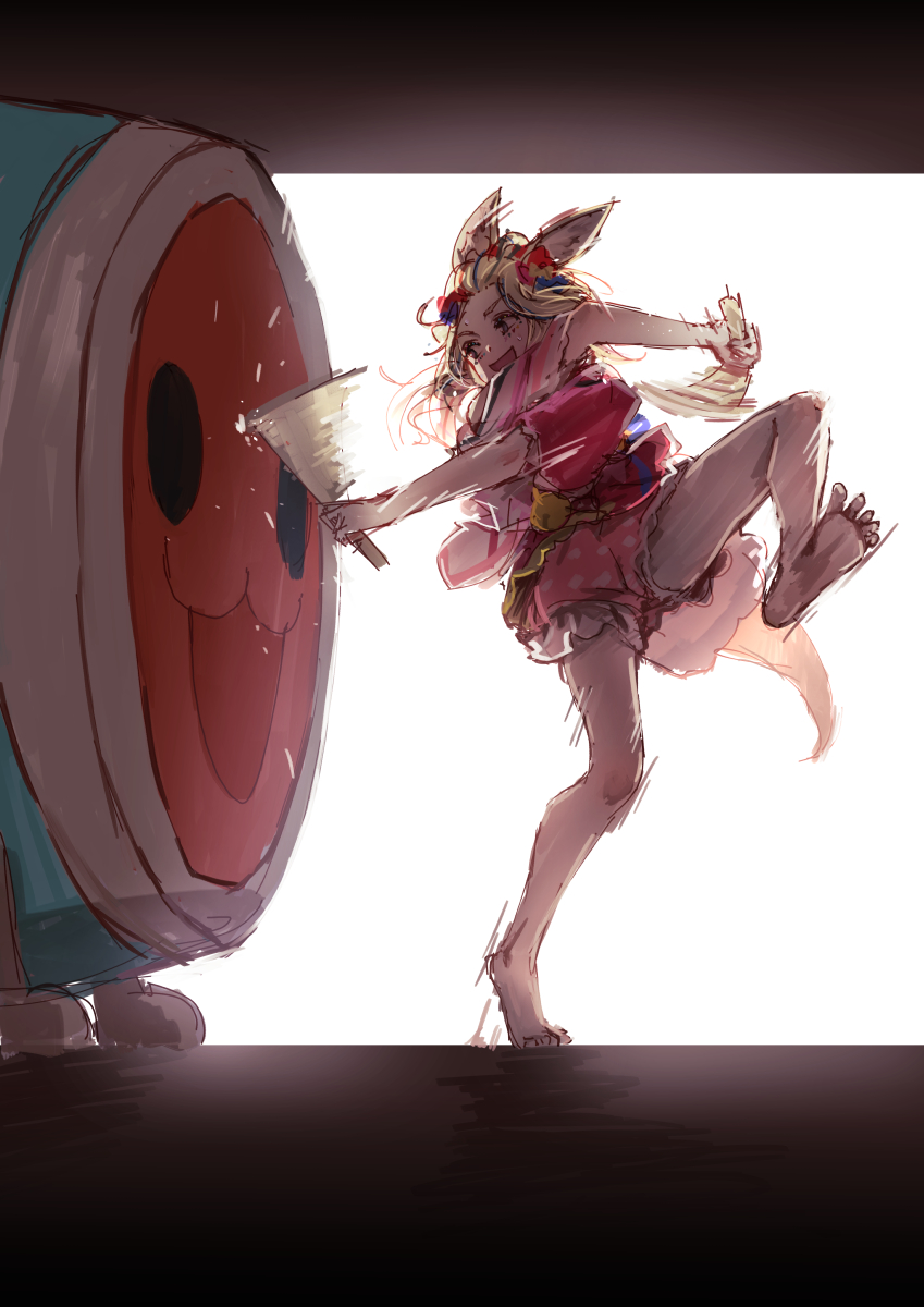 1girl, :d, animal_ears, backlighting, bangs_pinned_back, barefoot, crossed_arms, drum