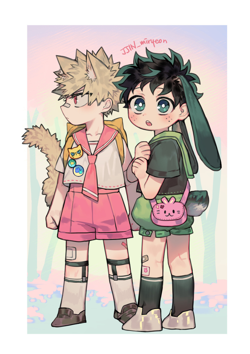 2boys, absurdres, alternate_costume, animal_bag, animal_ears, backpack, bag, bakugou_katsuki