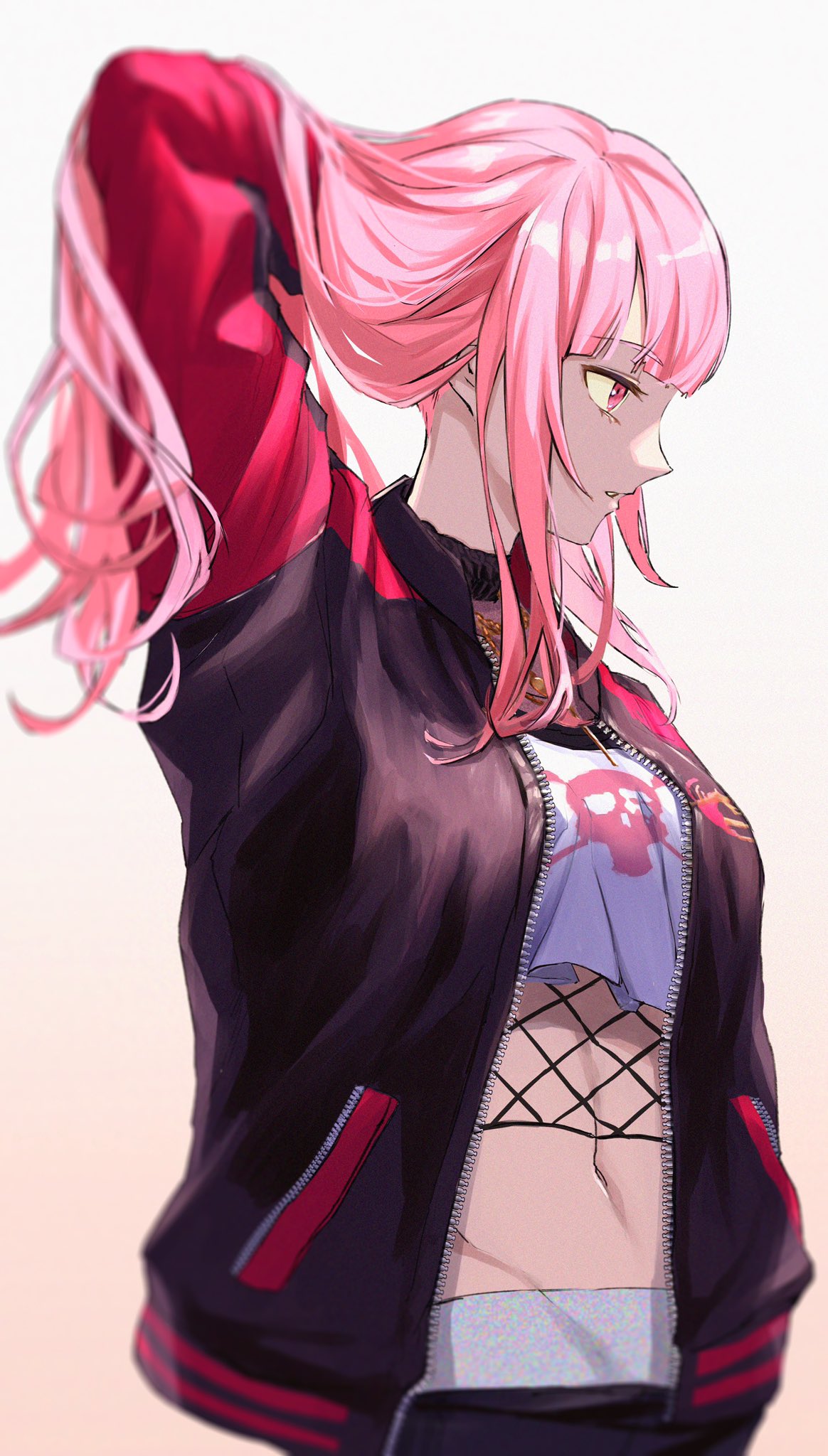 1girl, arm_behind_head, black_jacket, black_pants, breasts, cowboy_shot, eyebrows_visible_through_hair, from_side