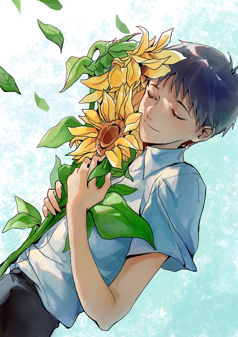 1boy, belt, bishounen, black_belt, black_hair, black_pants, closed_eyes, closed_mouth