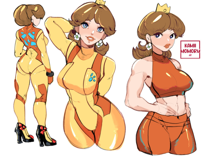 1girl, abs, arm_over_shoulder, arm_up, bangs, blue_eyes, breasts, brown_hair, character_sheet, closed_mouth, cosplay, crop_top, crown, earrings, flower_earrings, hands_on_hips, high_heels, highres, hip_focus, jewelry, kamira_naito, large_breasts, lipstick, looking_at_viewer, looking_away, makeup, medium_hair, metroid, metroid_suit, open_mouth, pantyhose, parted_hair, ponytail, princess_daisy, samus_aran, samus_aran_(cosplay), simple_background, smile, super_mario_bros., super_mario_land, super_smash_bros., thighs, white_background, wii_fit_trainer, wii_fit_trainer_(female), wii_fit_trainer_(female)_(cosplay)