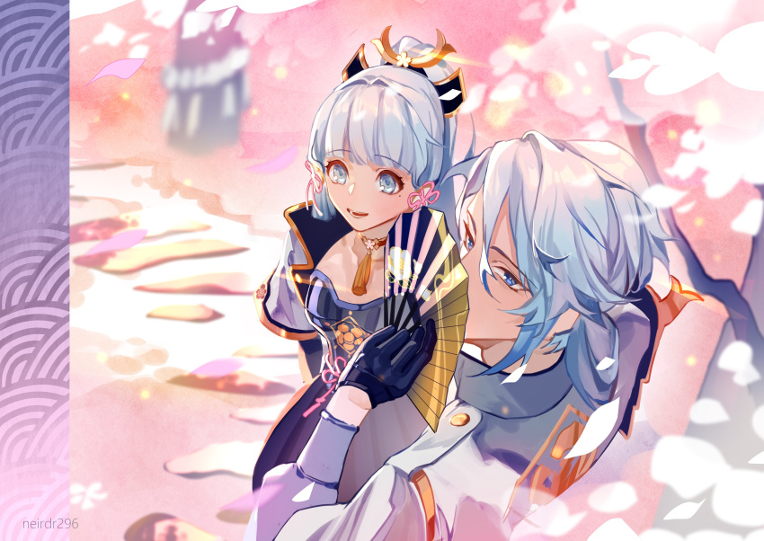 1boy, 1girl, absurdres, artist_name, bangs, black_gloves, blue_eyes, blue_hair