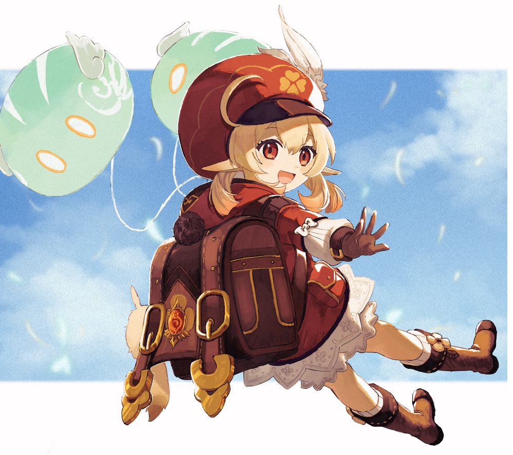 1girl, ahoge, ako_(zlzdf), backpack, bag, balloon, bangs, blonde_hair, blush, boots, brown_footwear, brown_gloves, clouds, clover, dodoco_(genshin_impact), dress, feathers, four-leaf_clover, genshin_impact, gloves, hair_between_eyes, hat, hat_feather, head_tilt, klee_(genshin_impact), low_twintails, open_mouth, pointy_ears, pom_pom_(clothes), red_dress, red_eyes, red_headwear, sky, slime_(genshin_impact), solo, twintails, vision_(genshin_impact)