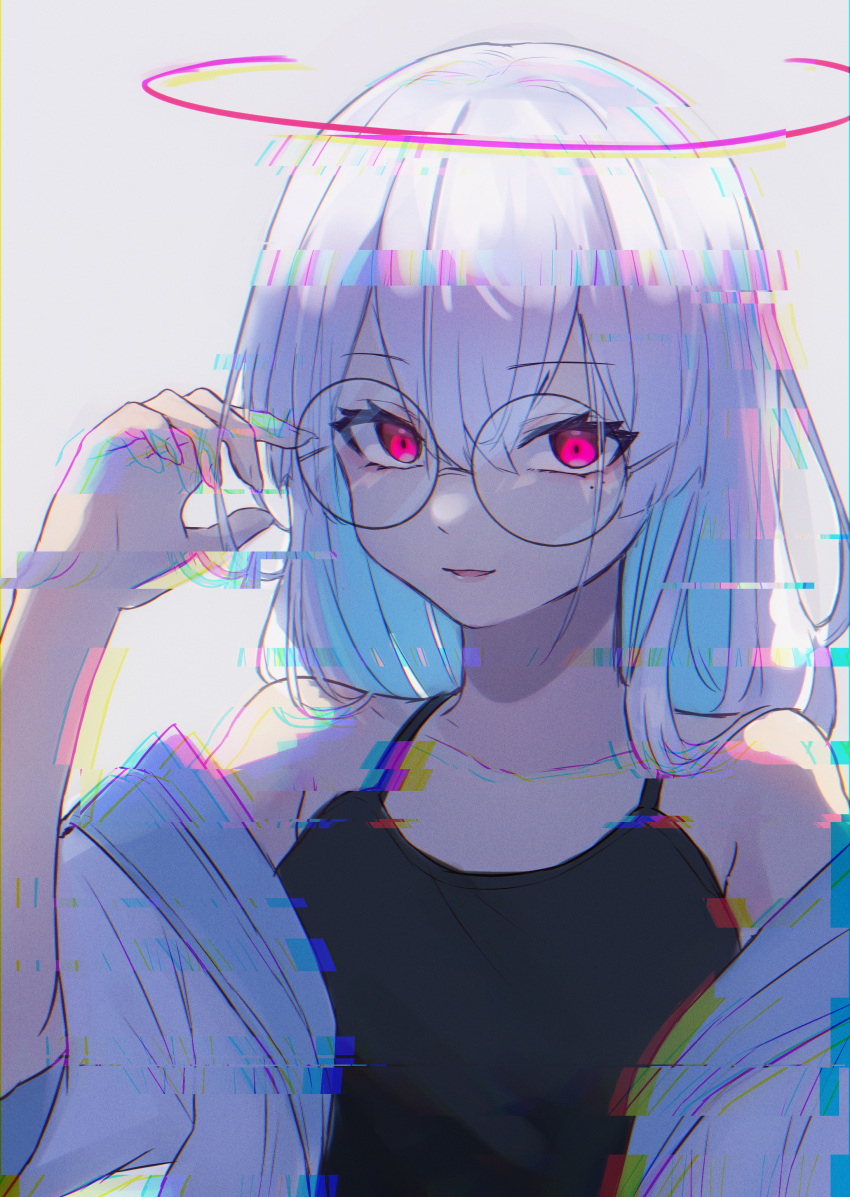 1girl, absurdres, bangs, bare_shoulders, black_camisole, camisole, glasses, glitch