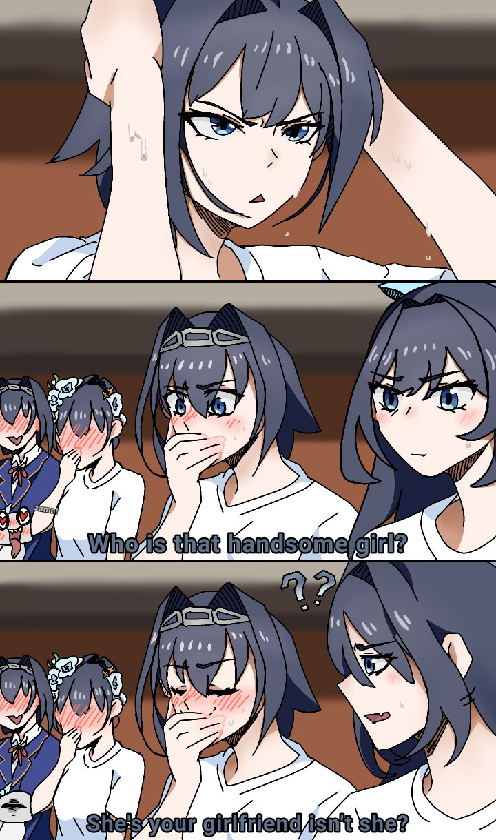 5girls, ?, ??, alternate_costume, bangs, black_hair, blue_eyes, blush