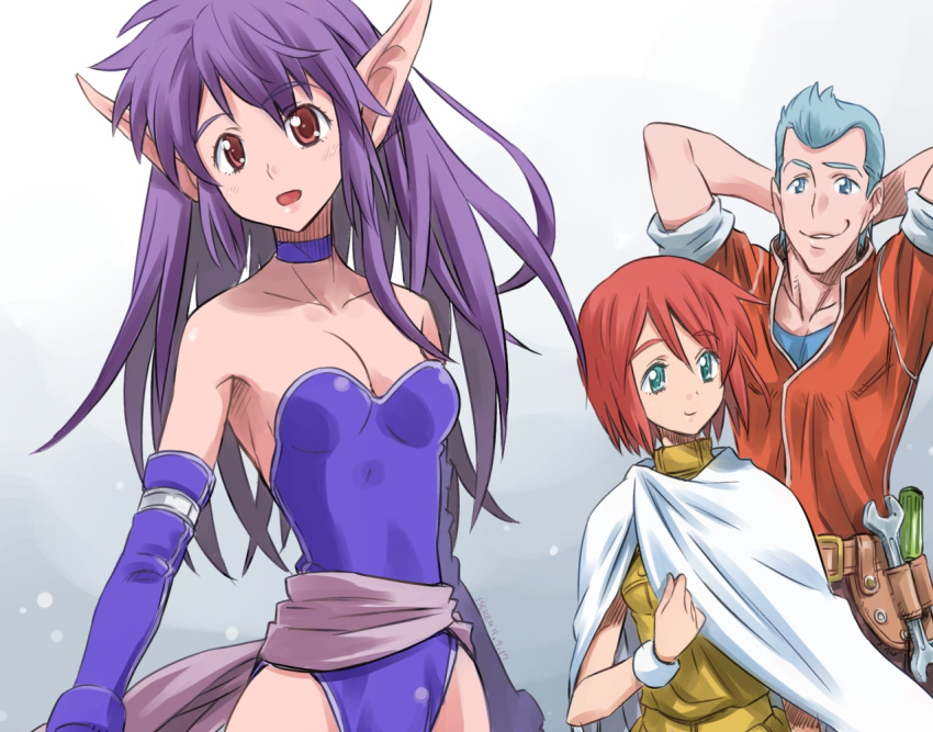 1boy, 2girls, anne_saga, bare_shoulders, breasts, cape, choker, elf