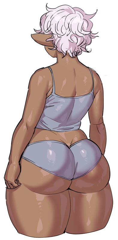 1girl, alternate_hairstyle, bare_shoulders, curvy, dark-skinned_female, dark_skin, elf-san_wa_yaserarenai., facing_away