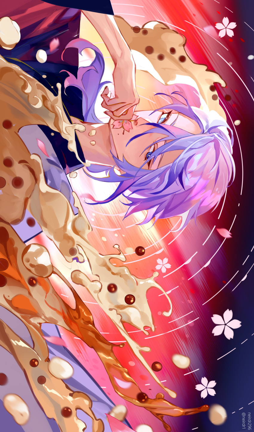 1boy, absurdres, artist_name, bangs, blue_eyes, blue_hair, blurry, blurry_foreground