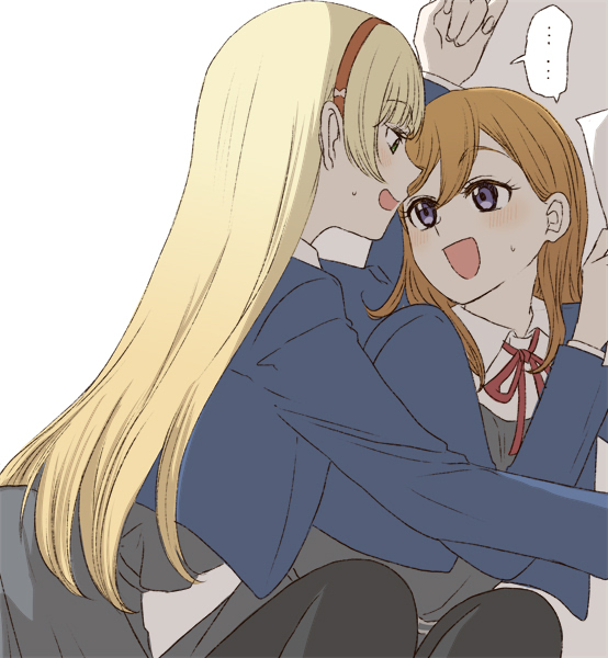 ..., 2girls, blonde_hair, blue_jacket, blush, commentary_request, dress, eye_contact