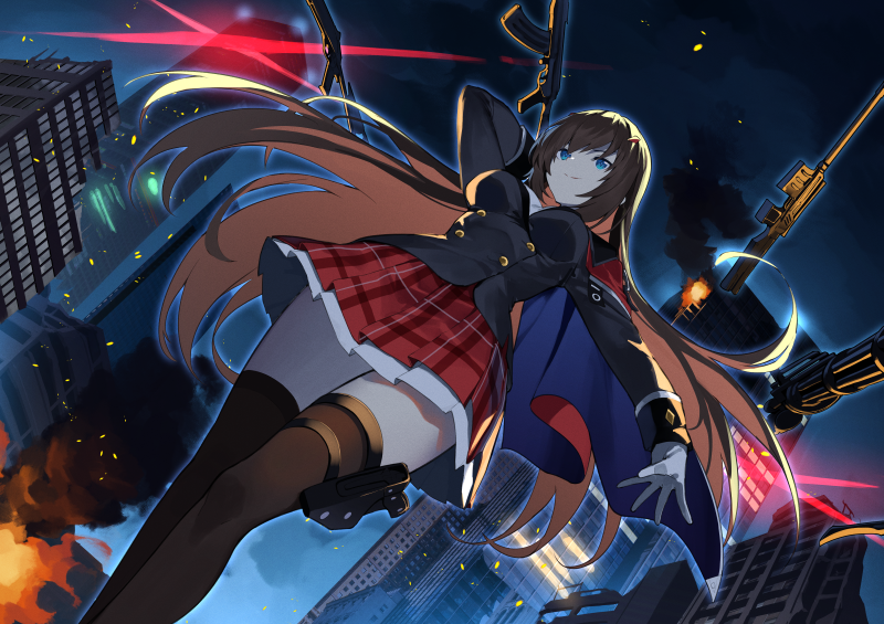 1girl, amagasa_yun, arm_behind_head, arm_up, assault_rifle, backlighting, bangs, black_legwear