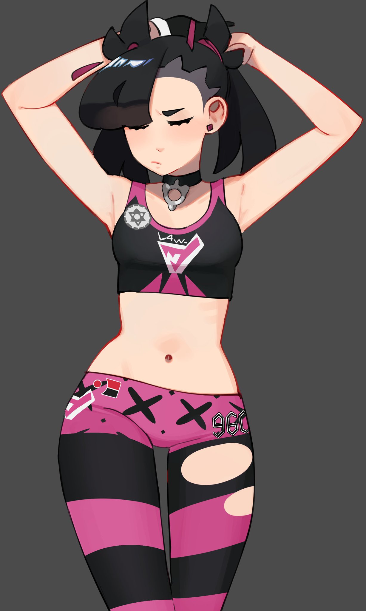 1girl, armpits, arms_behind_head, breasts, closed_eyes, earrings, gloves, grey_background
