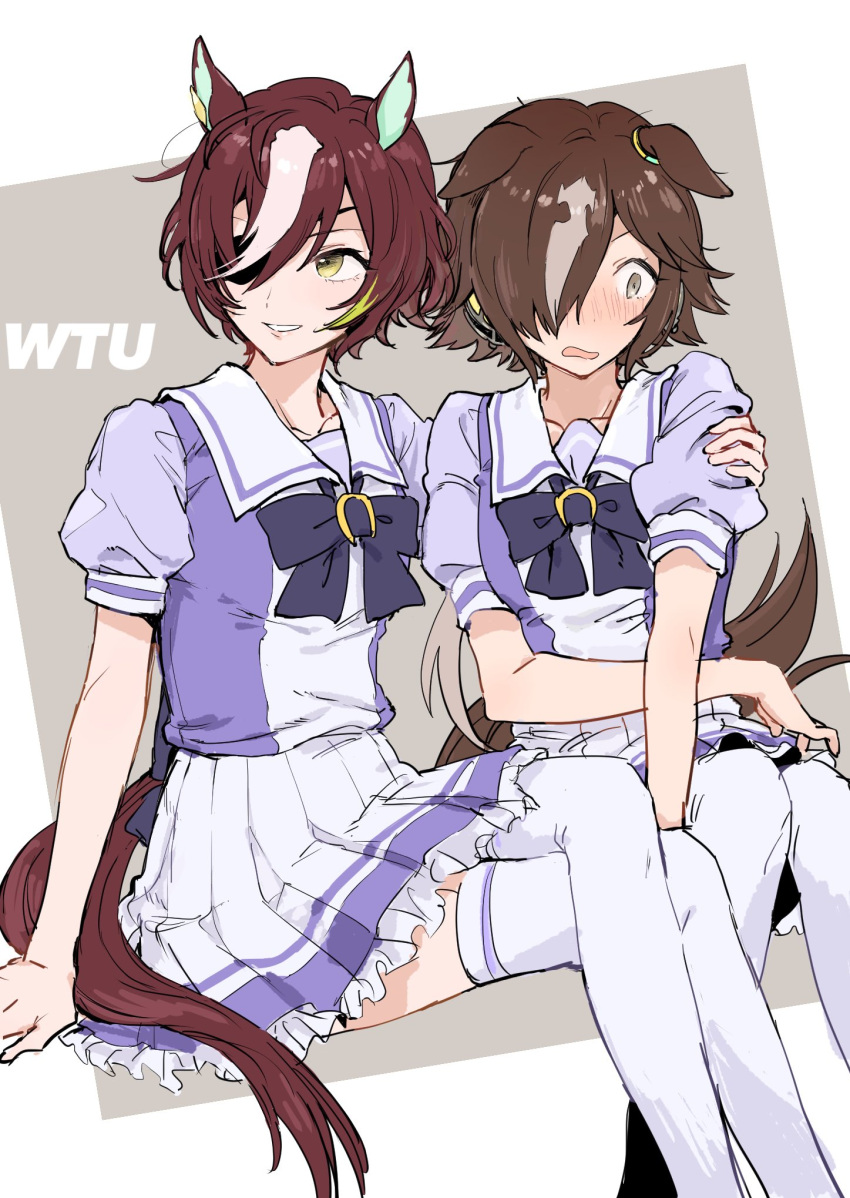 2girls, animal_ears, blush, brown_hair, crossed_legs, ears_down, eyepatch, hair_over_one_eye