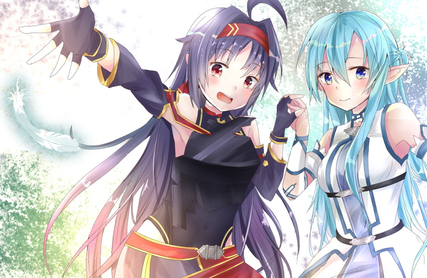 2girls, ahoge, armor, asuna_(sao), asuna_(sao-alo), bangs, bare_shoulders, blue_eyes, blue_hair, breastplate, covered_navel, detached_sleeves, dress, eyebrows_visible_through_hair, feathers, fingerless_gloves, gloves, hair_between_eyes, hairband, highres, holding_hands, leotard, long_hair, looking_at_viewer, multiple_girls, open_mouth, parted_bangs, pointy_ears, purple_gloves, purple_hair, red_eyes, red_hairband, sword_art_online, white_dress, yozakura_iroha, yuuki_(sao)