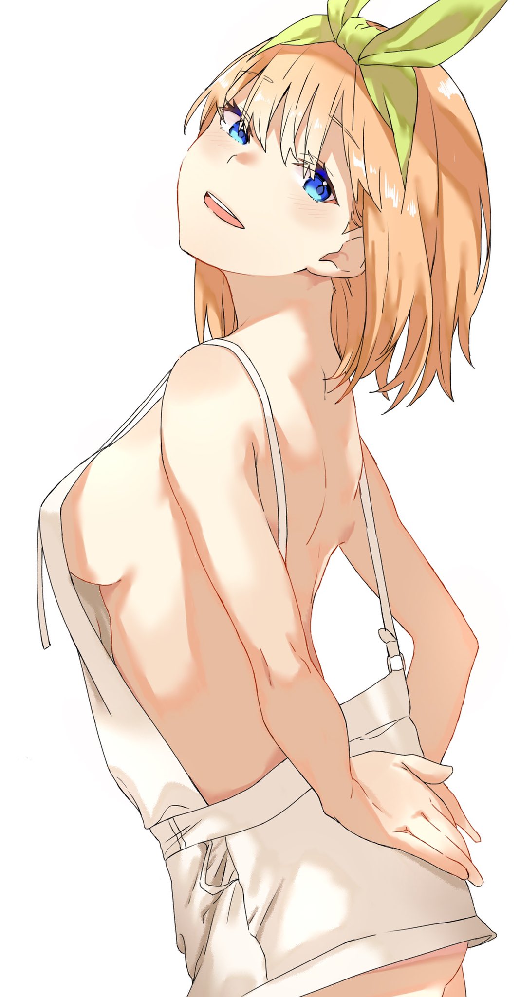 1girl, ass, bangs, bare_arms, bare_shoulders, blush, breasts, brown_hair