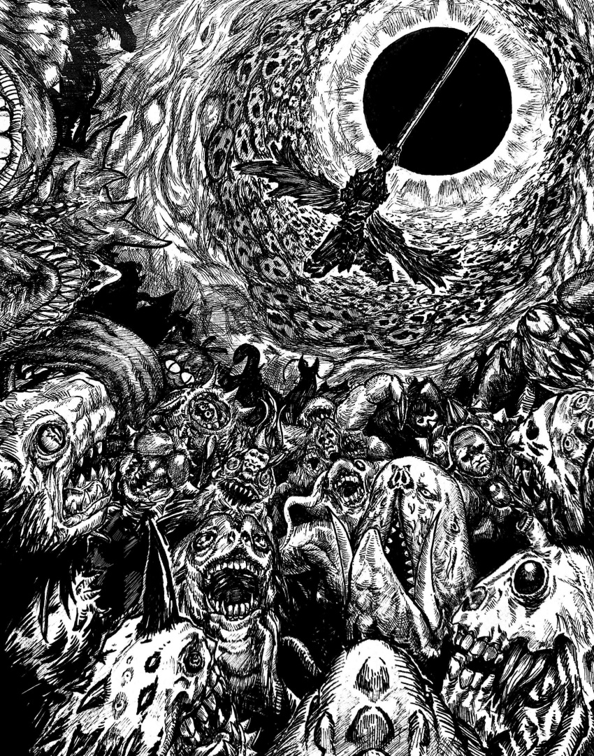 1boy, absurdres, berserk, eldritch_abomination, english_commentary, guts_(berserk), highres, holding