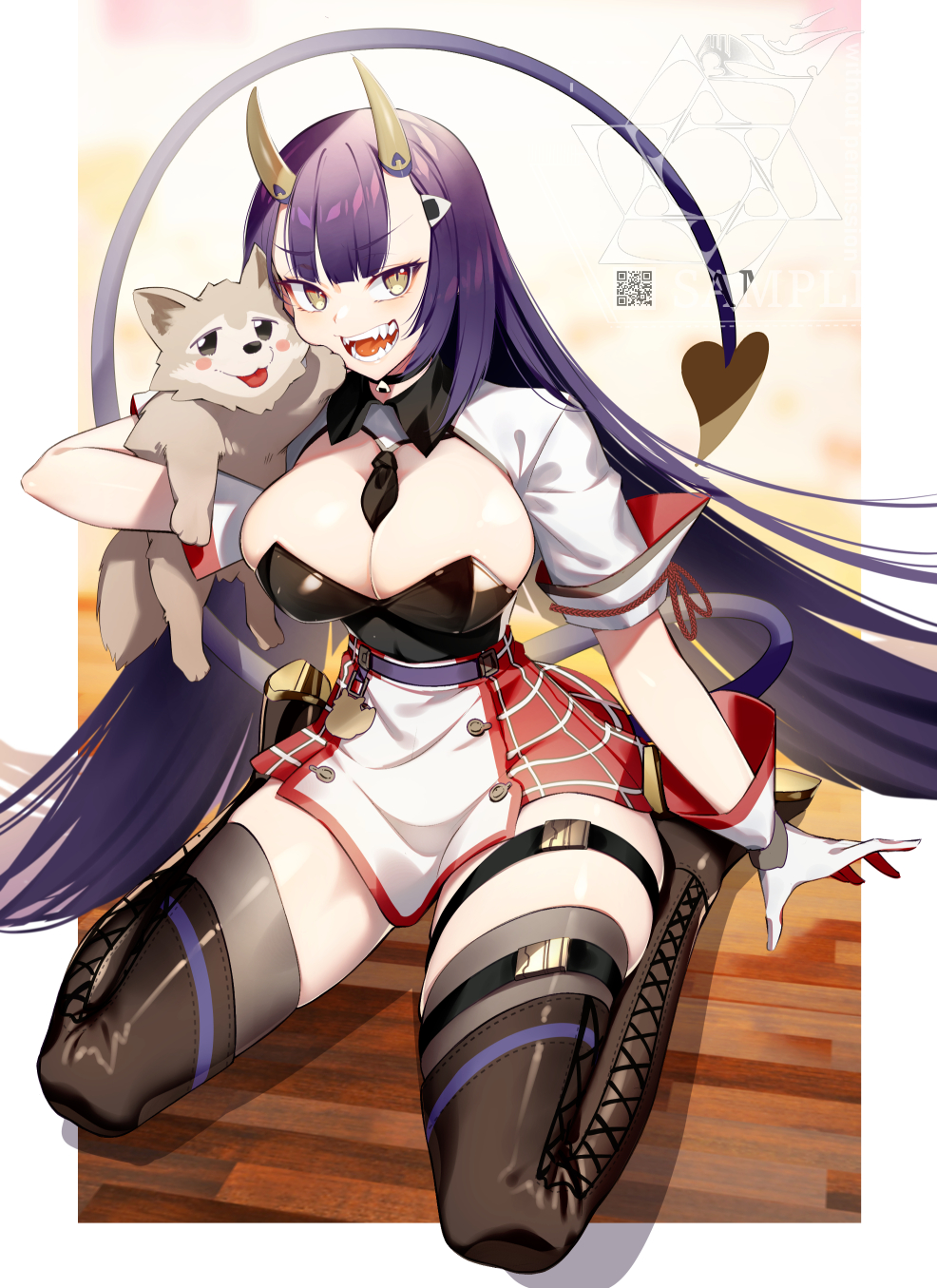 1girl, animal, bangs, blunt_bangs, breasts, choker, cluseller, demon_tail, dog, eyebrows_visible_through_hair, food-themed_hair_ornament, full_body, gloves, hair_ornament, highres, holding, holding_animal, holding_dog, horns, indie_virtual_youtuber, large_breasts, long_hair, looking_at_viewer, necktie, oni, oni_horns, onigiri_(vtuber), onigiri_hair_ornament, open_mouth, purple_hair, qr_code, skirt, solo, tail, teeth, thigh-highs, thigh_strap, tongue, very_long_hair, virtual_youtuber, watermark, yellow_eyes