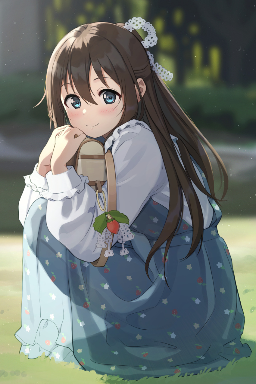 1girl, absurdres, bag, bangs, blue_dress, blue_eyes, brown_hair, dress, eyebrows_visible_through_hair, food, food_print, frilled_sleeves, frills, fruit, grass, hair_between_eyes, hair_ribbon, half_updo, handbag, hands_up, highres, holding, holding_bag, keychain, light_blush, long_hair, long_sleeves, looking_at_viewer, looking_to_the_side, love_live!, love_live!_nijigasaki_high_school_idol_club, osaka_shizuku, outdoors, own_hands_together, ponytail, ribbon, see-through, see-through_dress, shadow, shirt, sidelocks, smile, solo, squatting, star_(symbol), star_print, strawberry, strawberry_print, sunlight, tata_(tataice), translation_note, white_ribbon, white_shirt