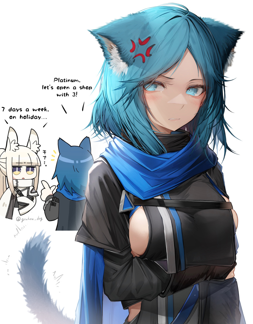 1boy, 2girls, absurdres, anger_vein, angry, animal_ears, arknights, blue_eyes