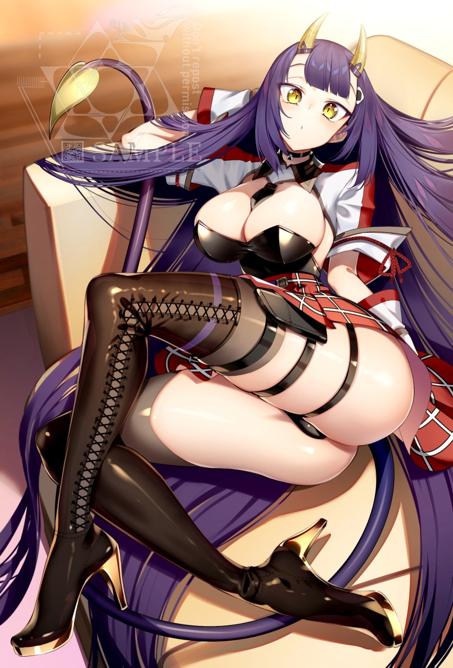1girl, ass, bangs, blunt_bangs, boots, breasts, choker, cluseller, couch, demon_tail, food-themed_hair_ornament, hair_ornament, high_heel_boots, high_heels, highres, horns, indie_virtual_youtuber, large_breasts, long_hair, looking_at_viewer, lying, necktie, on_couch, oni, oni_horns, onigiri_(vtuber), onigiri_hair_ornament, panties, qr_code, solo, tail, thigh-highs, thigh_boots, underwear, very_long_hair, virtual_youtuber, watermark, yellow_eyes