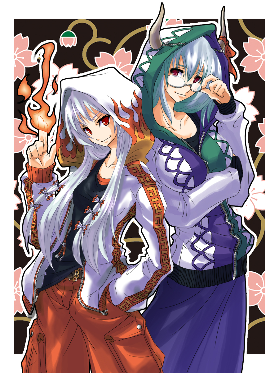 alternate_costume, bespectacled, breast_hold, casual, contemporary, ex-keine, ex_keine, fire