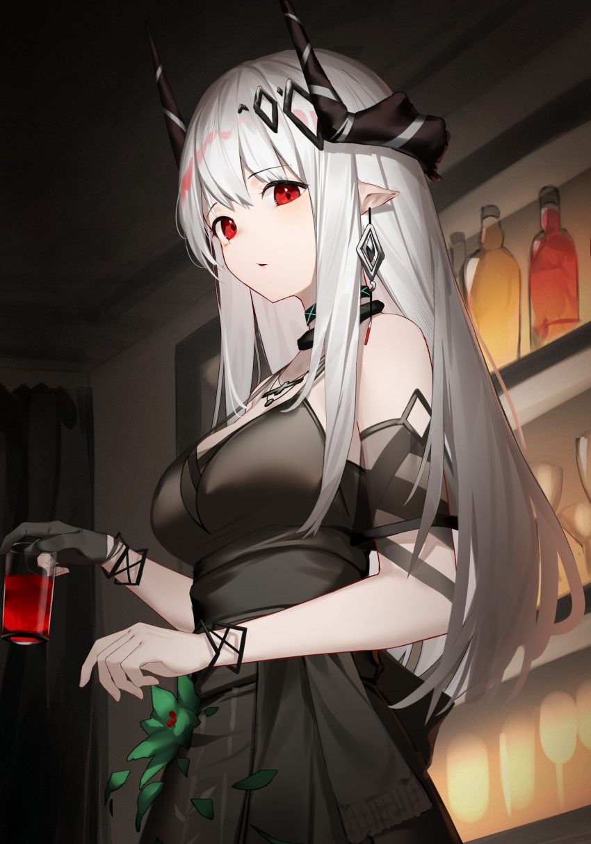 1girl, absurdres, arknights, bangs, bare_shoulders, black_dress, black_gloves, bottle, bracelet, breasts, collar, cowboy_shot, cup, detached_sleeves, dress, drinking_glass, earrings, eyebrows_visible_through_hair, gloves, hair_ornament, highres, holding, holding_cup, horns, indoors, infection_monitor_(arknights), jewelry, long_hair, medium_breasts, mudrock_(arknights), mudrock_(obsidian)_(arknights), necklace, official_alternate_costume, parted_lips, partially_fingerless_gloves, pointy_ears, red_eyes, see-through, shelf, single_glove, solo, wazd0183, white_hair