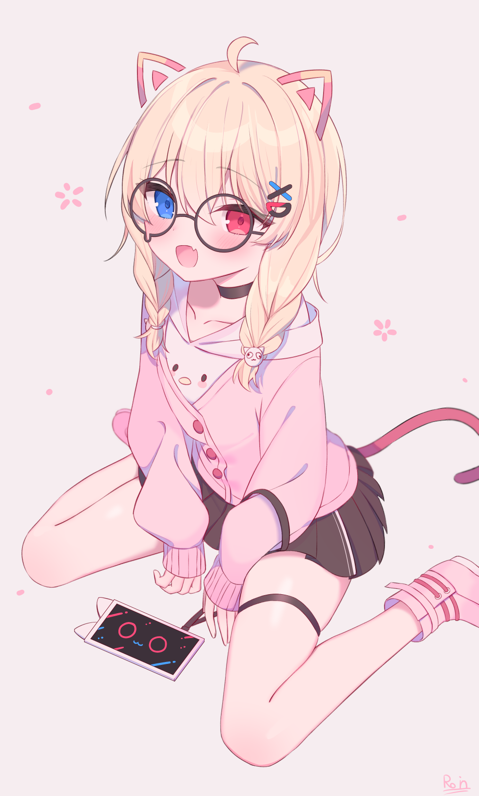 1girl, ahoge, animal_ears, bangs, bare_legs, black-framed_eyewear, black_choker, black_skirt
