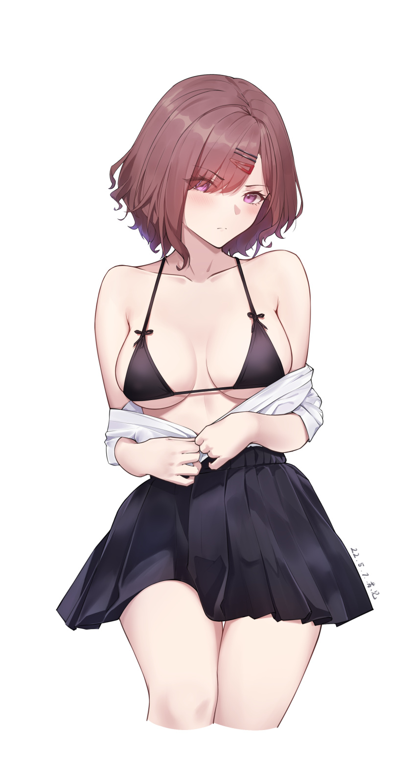1girl, absurdres, bare_legs, bikini, bikini_top_only, bikini_under_clothes, black_bikini, black_skirt