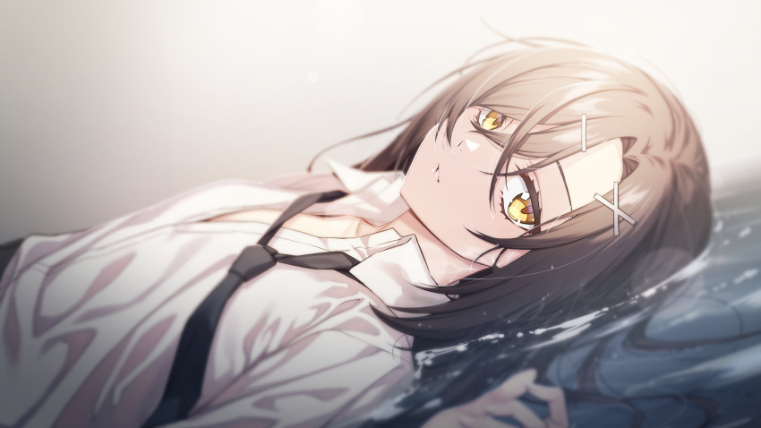 1girl, absurdres, bangs, black_necktie, bloom, blurry, brown_hair, chris_(counter:side), collarbone, collared_shirt, commentary, counter:side, crossed_bangs, dutch_angle, from_side, hair_ornament, hairclip, hand_up, highres, light, long_hair, long_sleeves, looking_at_viewer, looking_to_the_side, loose_necktie, lying, necktie, on_back, parted_bangs, parted_lips, partially_submerged, partially_unbuttoned, shiny, shiny_hair, shirt, solo, supernew, upper_body, water, wet, wet_hair, white_shirt, wing_collar, x_hair_ornament, yellow_eyes