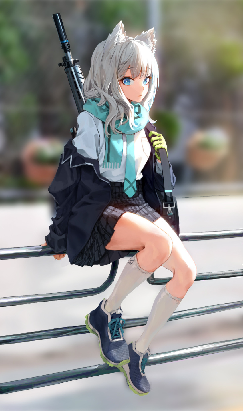 1girl, absurdres, animal_ear_fluff, animal_ears, assault_rifle, bag, black_gloves, black_jacket