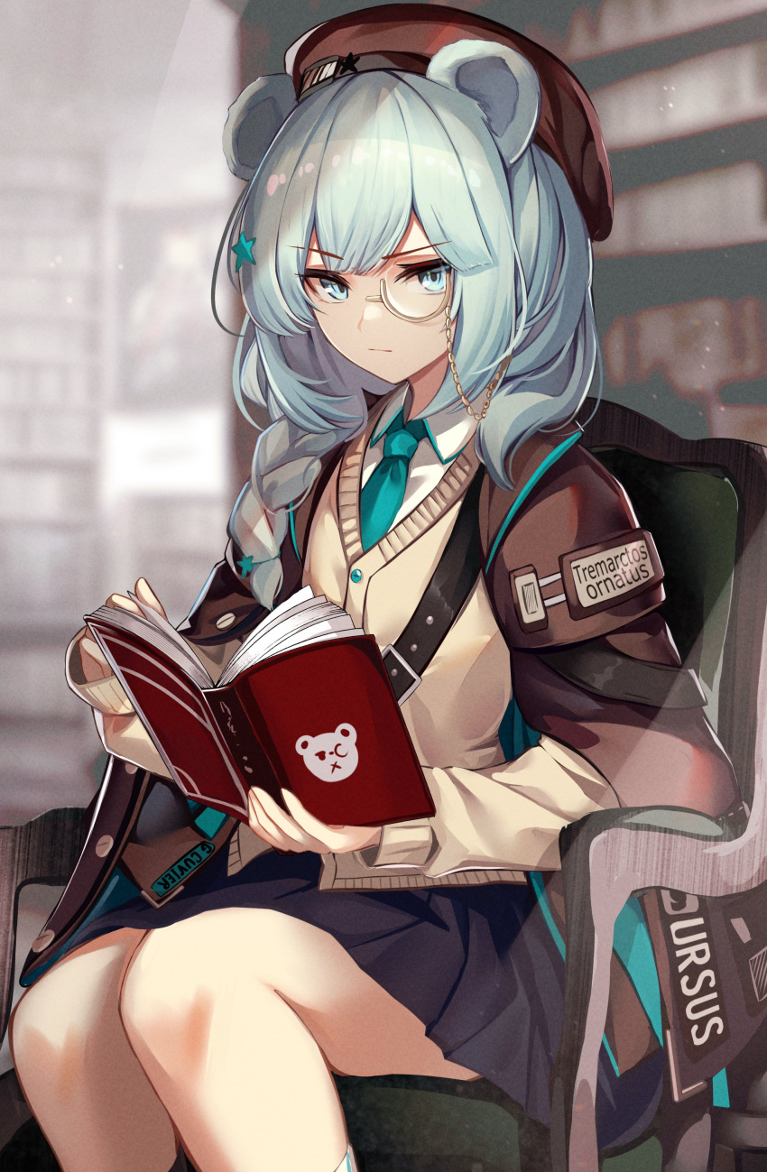 1girl, absurdres, animal_ears, animal_print, arknights, armchair, bangs, bear_ears