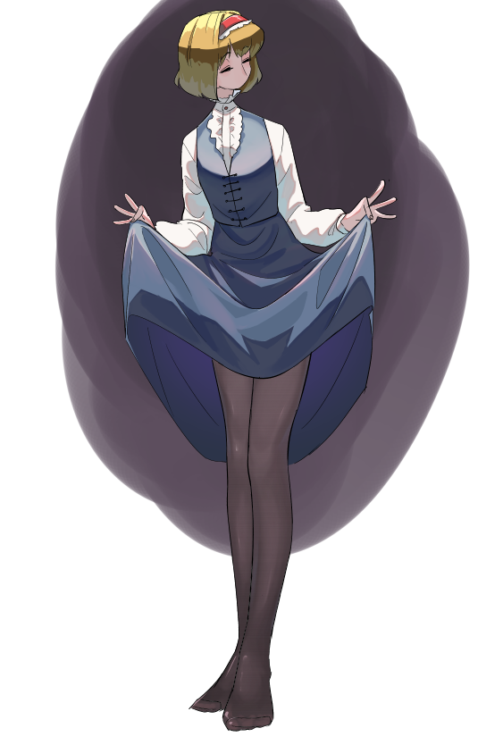 1girl, alice_margatroid, bangs, black_legwear, blonde_hair, bob_cut, closed_eyes, feet