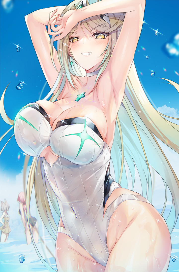 3girls, bangs, blonde_hair, breasts, chest_jewel, gem, headpiece, inoue_takuya_(tactactak)