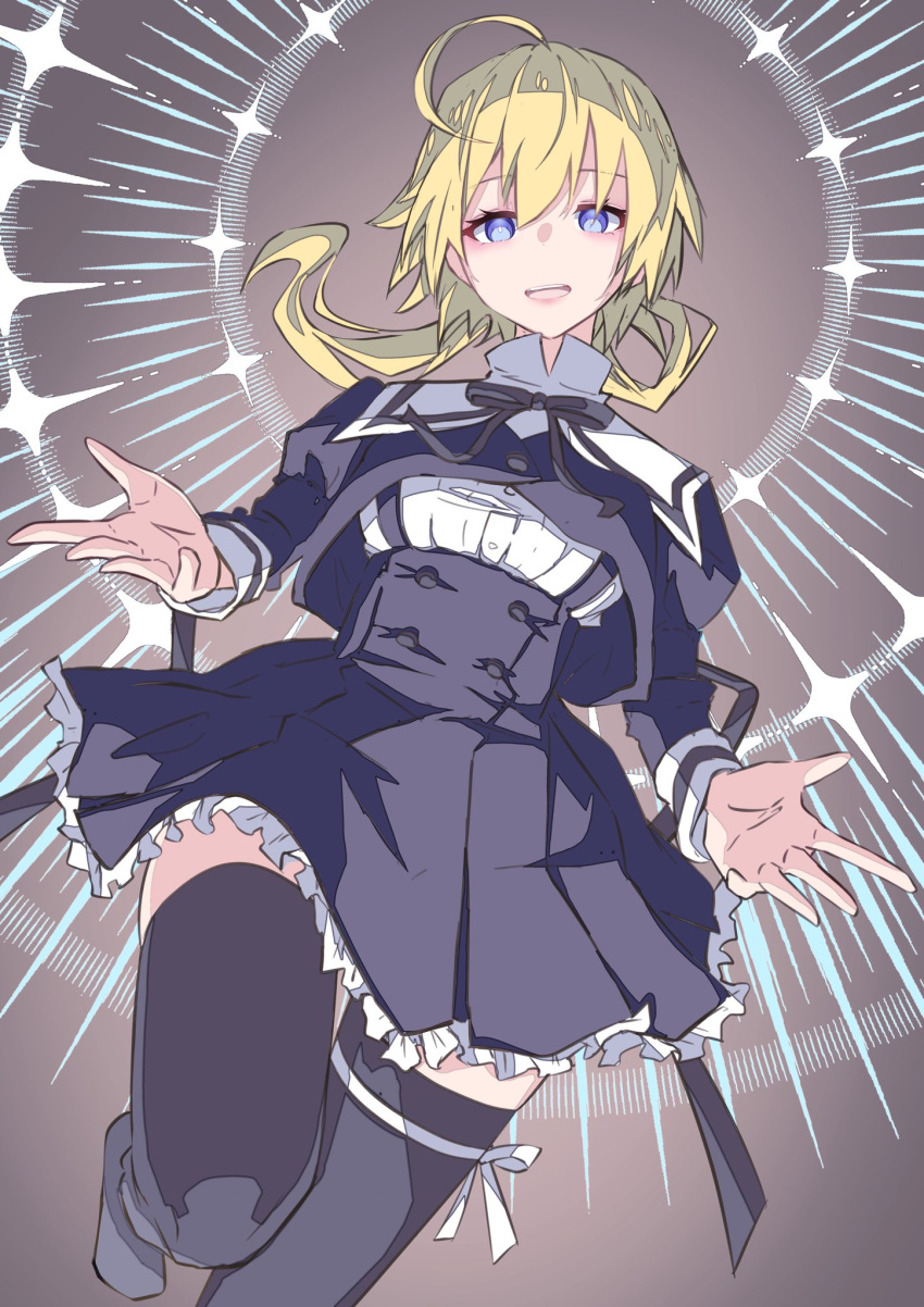 1girl, ahoge, amano_soraha, assault_lily, bangs, black_legwear, black_ribbon, blonde_hair