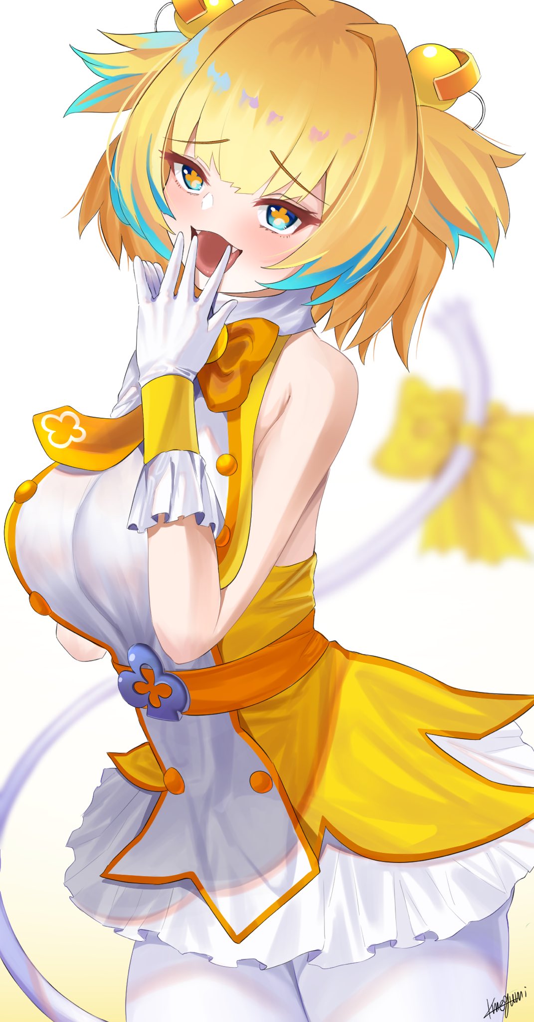 +_+, 1girl, :d, bangs, blonde_hair, blue_eyes, blue_hair, blurry