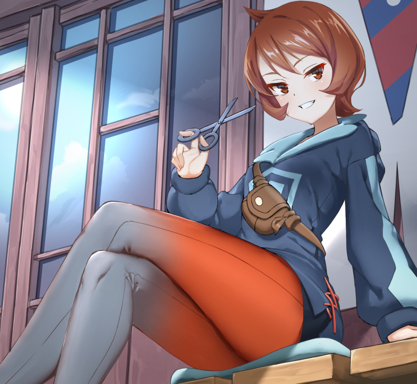 1girl, arezu_(pokemon), crossed_legs, diamond_clan_outfit, grey_legwear, hand_up, highres, holding